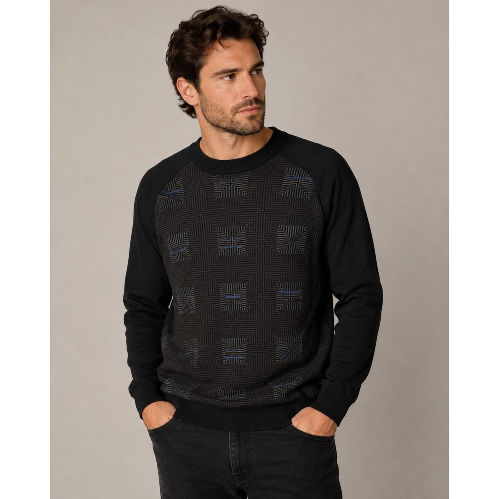 Torras Wool Blend Sweater Leather Trim Geometric Knit Black Mens USA 44 XL